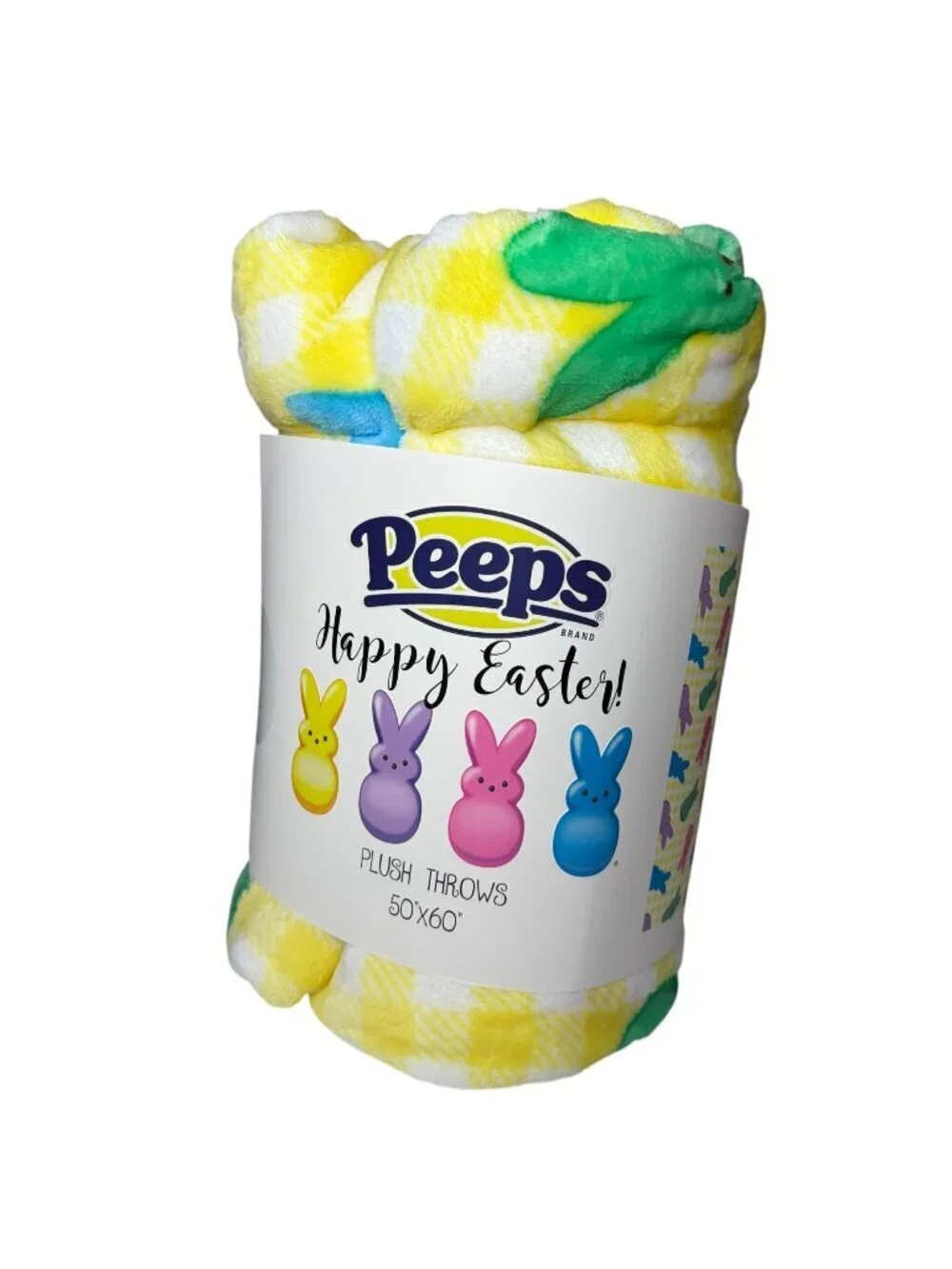 Peeps Brand Happy Easter Plush Throw Blanket 50x60 Yellow Gingham Bunny New